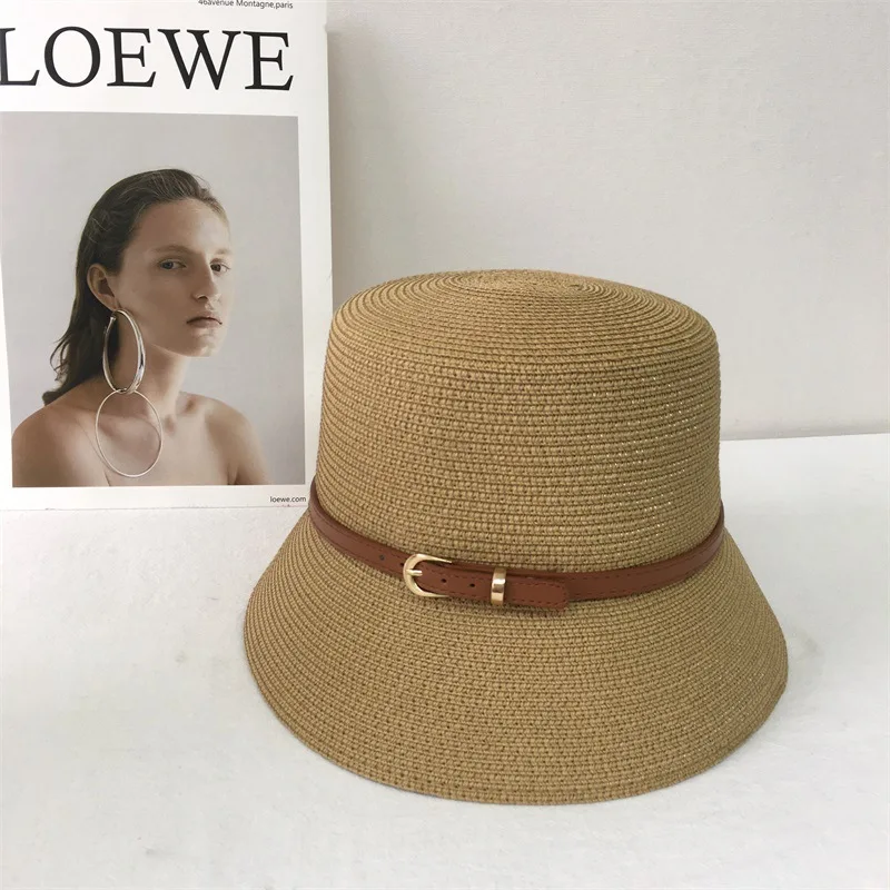 Summer straw woven breathable flat top bucket hat high quality Japanese lady wind belt buckle fashionable shade lamp hood hat