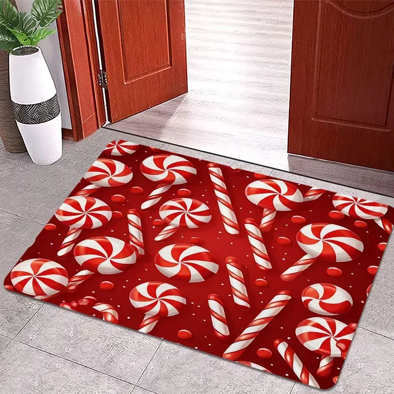Cute Festive Christmas Doormat Man Candy Cane Ball Snowflake Pattern Non Slip Front Door Entrance Rug Holiday Home Floor Decor