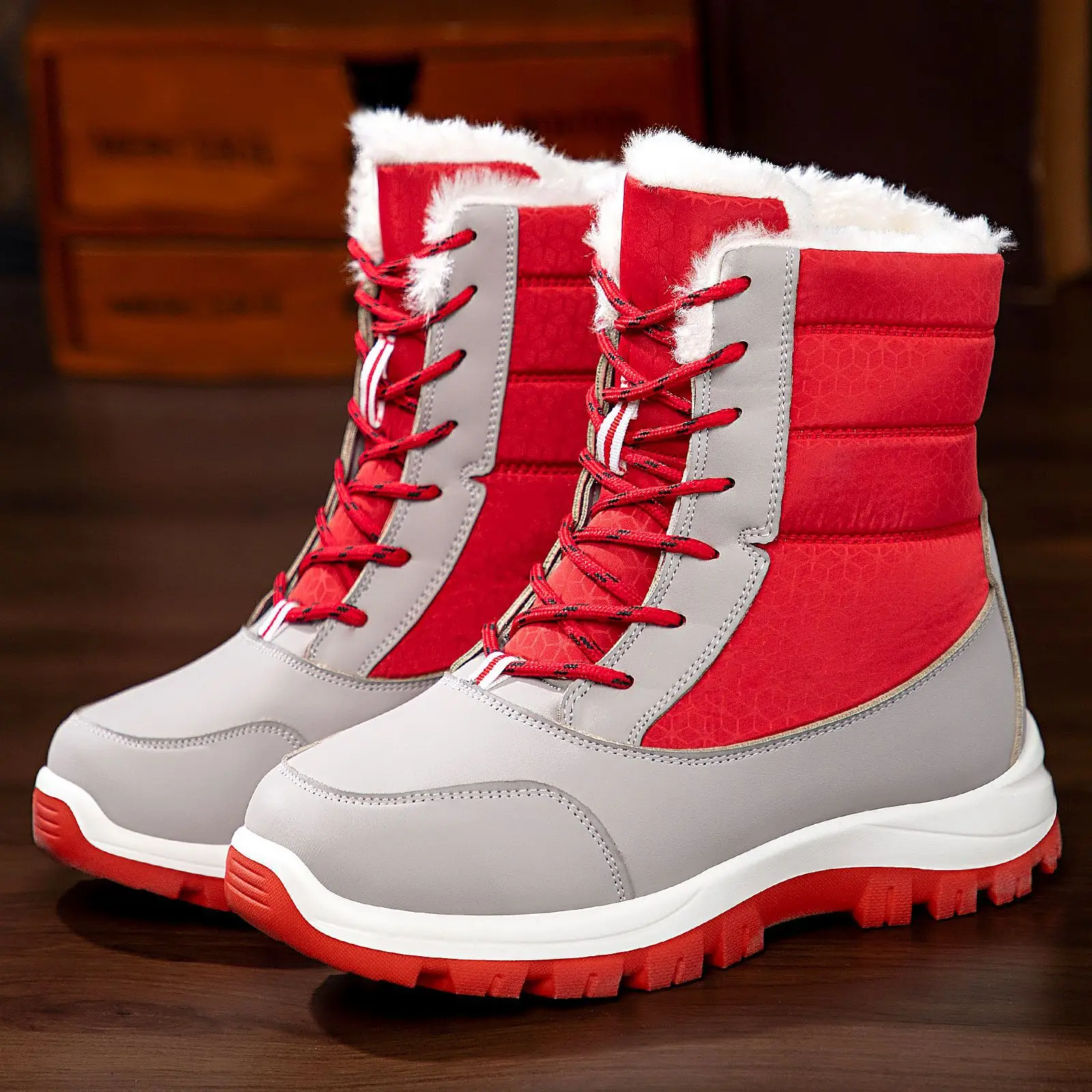 

Women's Winter Thickened High-Top Cotton Boots with Laces Waterproof Anti-slip Snow Boots Warm Fleece Lining Casual Flat Shoes