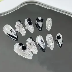 Handmade Press on Nails 3D Black Rose Flower Fake Nails Ins Almond False Nails Patches Ballerina Nail Art Decorations Tips