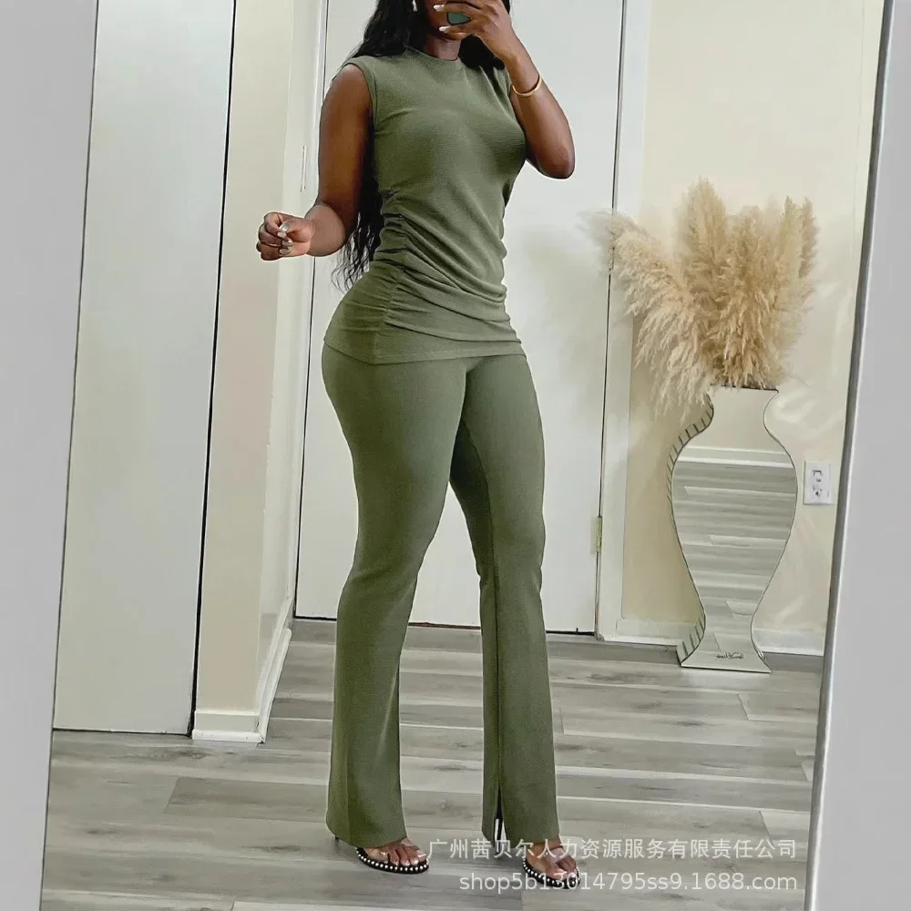 

Women Spring Summer Trouser Set Pants Suit Solid Color Sleeveless Wide Leg Pants High Waist O Neck Casual Fashion Comfortable