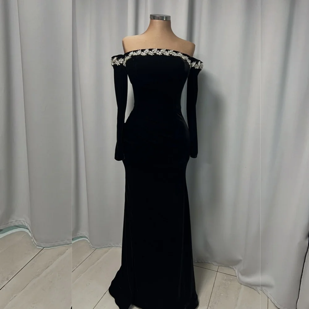 

Customized Velour Rhinestone Off-the-shoulder Trumpet Floor-length Bespoke Occasion Evening Dresses Classic Exquisite Formal