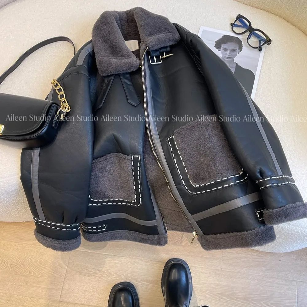 Retro Style Loose Fit Long Sleeve Black Leather Jacket Contrast Stitching Slimming Outerwear Winter Fashion Ladies Coat