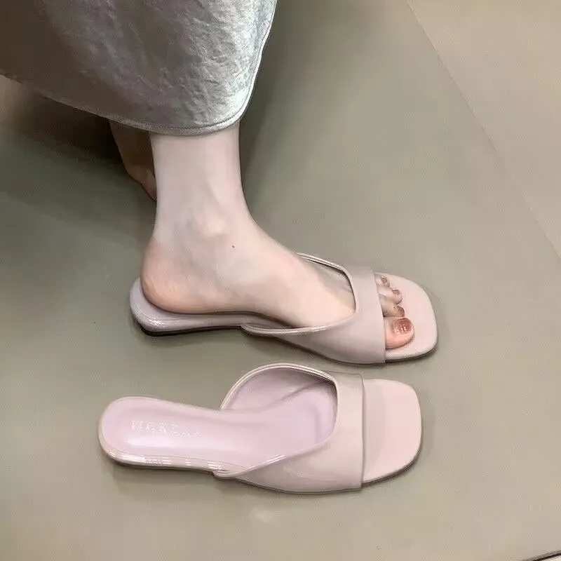 НОВЫЕ тапочки 2024, сандалии с квадратной головкой, женские летние пикантные тапочки с открытым носком, элегантный каблук, тапочки с открытым носком Женская Обувь