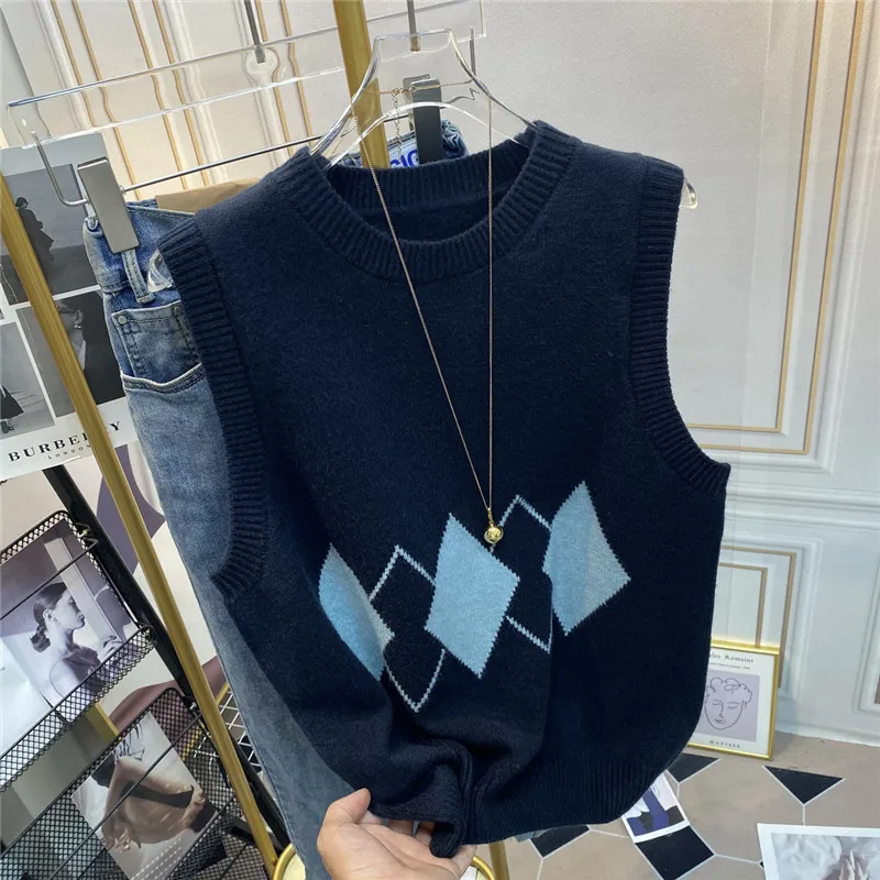 루즈 니트 스웨터 베스트 여성용 슬레 레트로 레이지 일본식 라운드 넥 베스트 가을 겨울 패션 출퇴근용 단색 스트레이트...