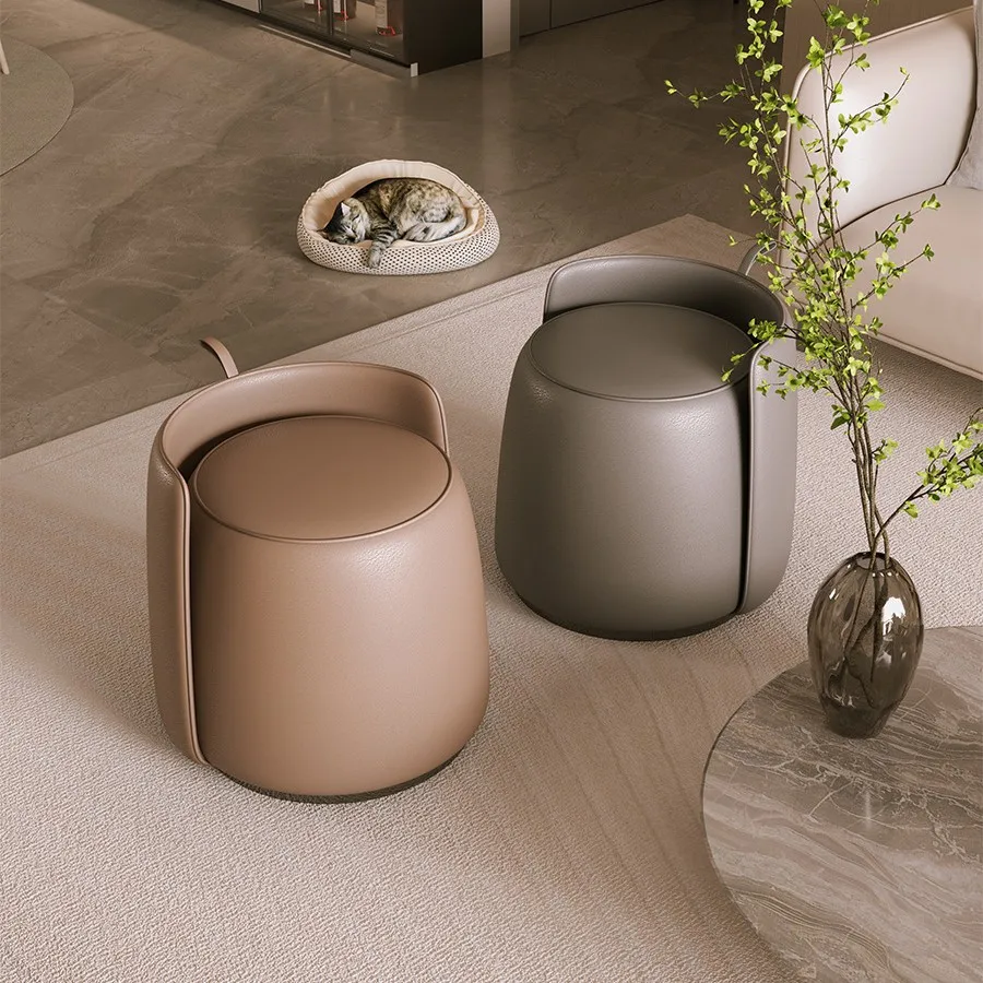 

Genuine Leather Makeup Stool Dressing Table Minimalist Backrest Chair Living Room Solid Wood Coffee Table Low Sgabello 화장대 스툴