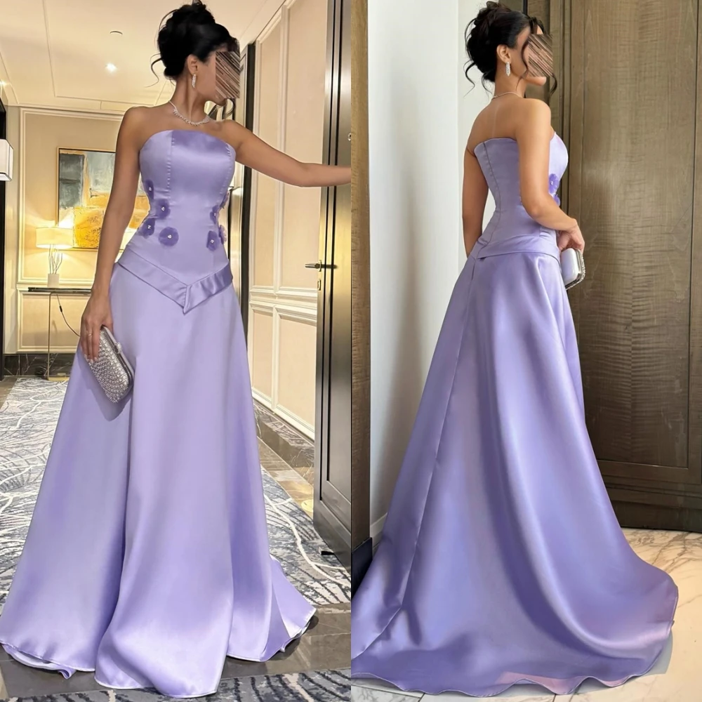 

Customized Elegant Strapless Satin Flowers Evening Dress Delicate Sleeveless Temperament Court Train Special Occasion Gown