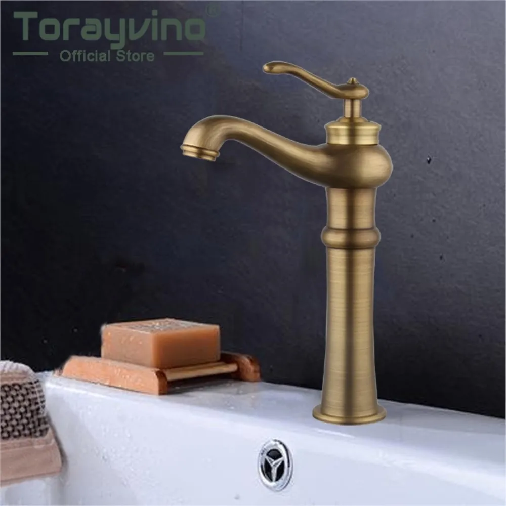 

Torayvino Bathroom Sink Faucet Brass Antique Brass Single Hole Deck Mount Taps Single Handle Faucet Cold & Hot Mixer Water Tap