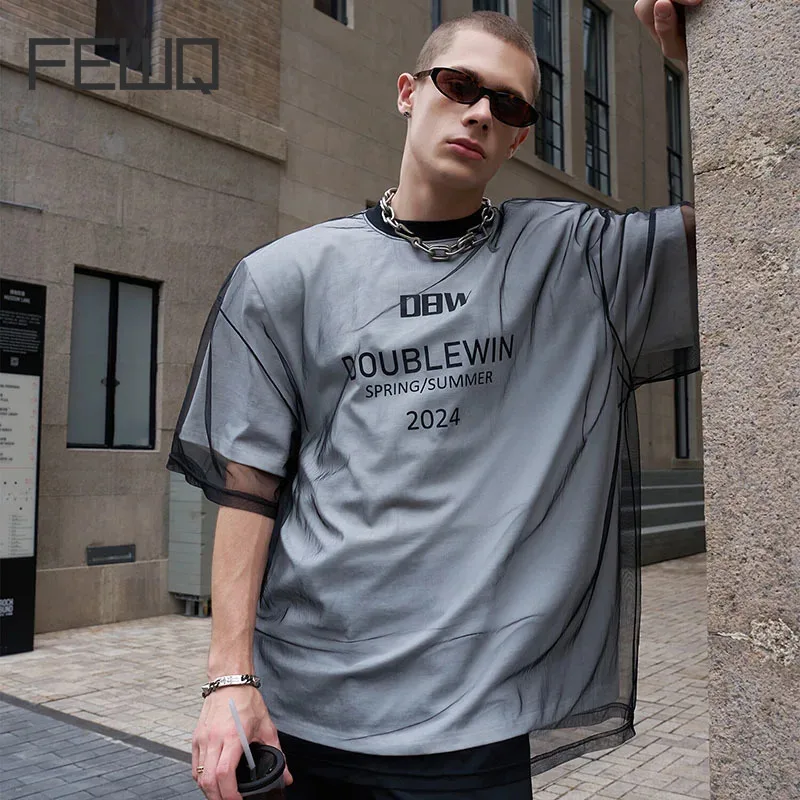 

FEWQ Double Layered Fake Two Piece Mesh T-shirt Printed Summer Loose Short Sleeves 2024 Contrast Color Male Tops 24E1156