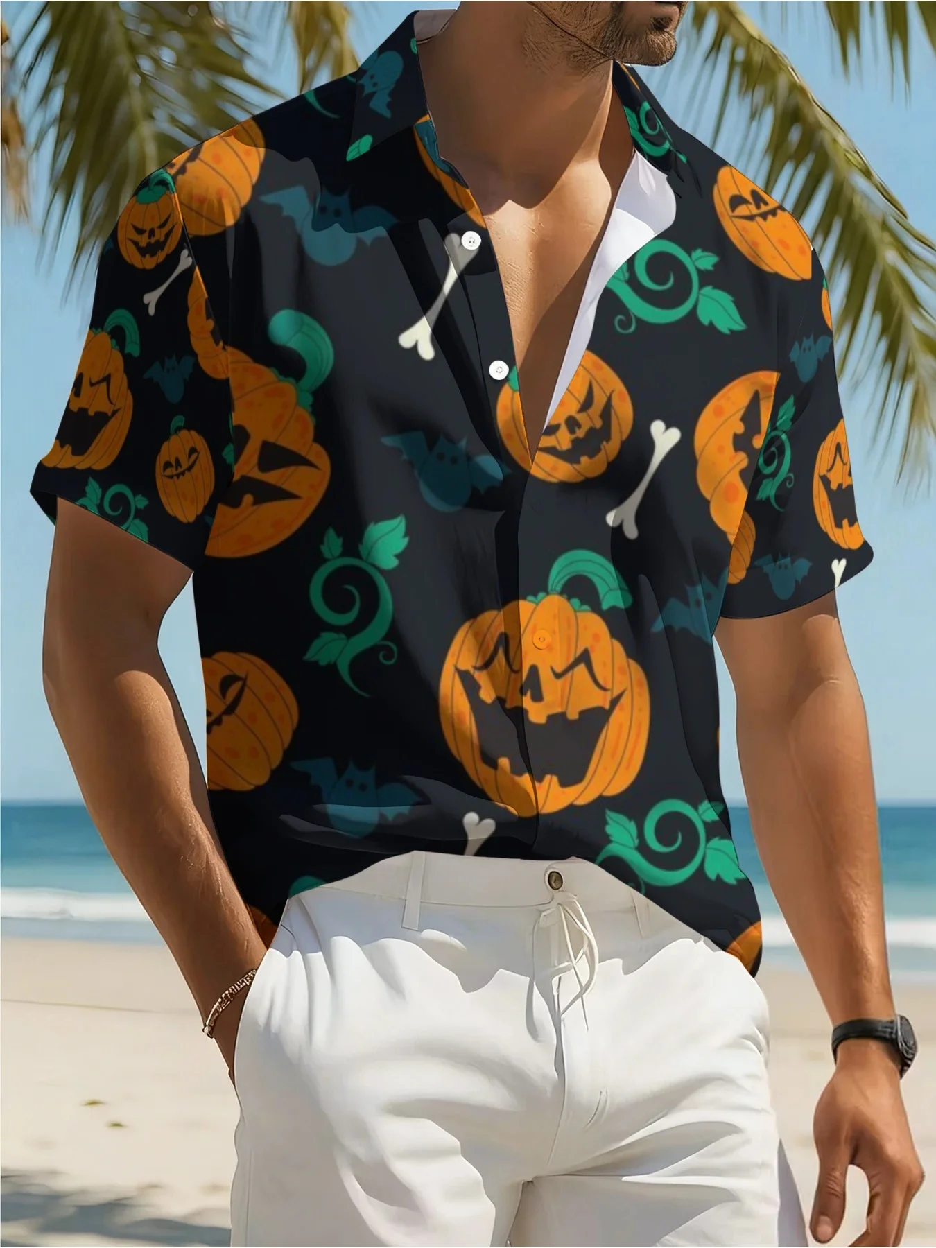 2026 Men's Shirt Halloween Pumpkin Bone Bat Print Dark Base Short Sleeve Turn Down Collar Holiday Party Casual Mens Clothing