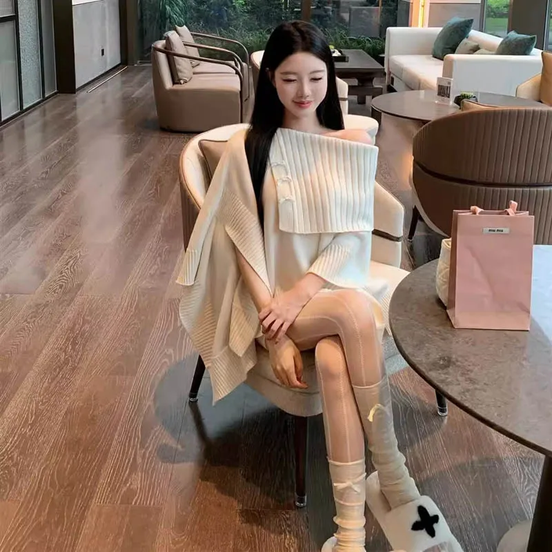

Lazy style white cloak sweater women's autumn and winter new loose one-shoulder sweater outer wear blouse jacket top 12