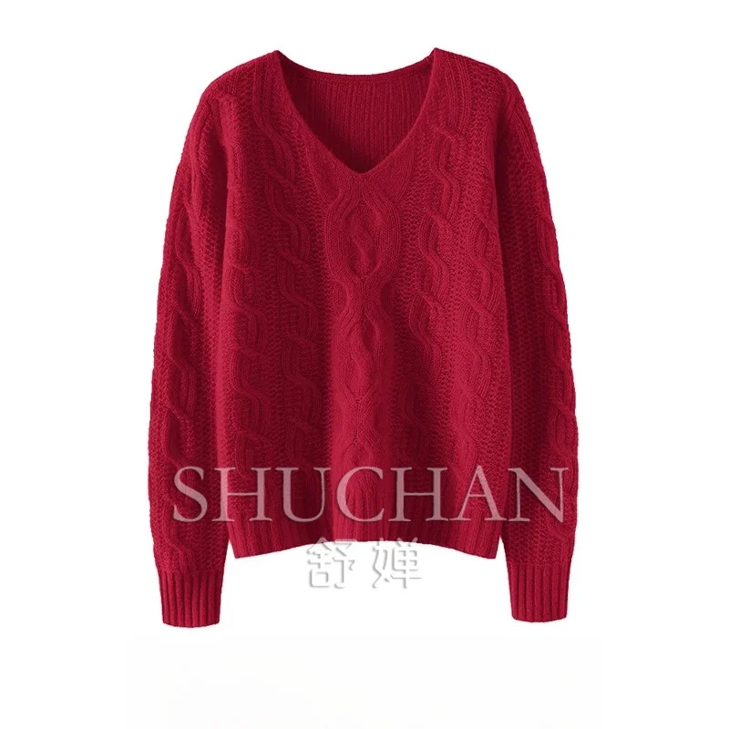 New Warm Pullover 170g V-neck Twisted Cashmere Sweater Women's Loose Lazy Wind Pure Cashmere Sweater Autumn and Winter New