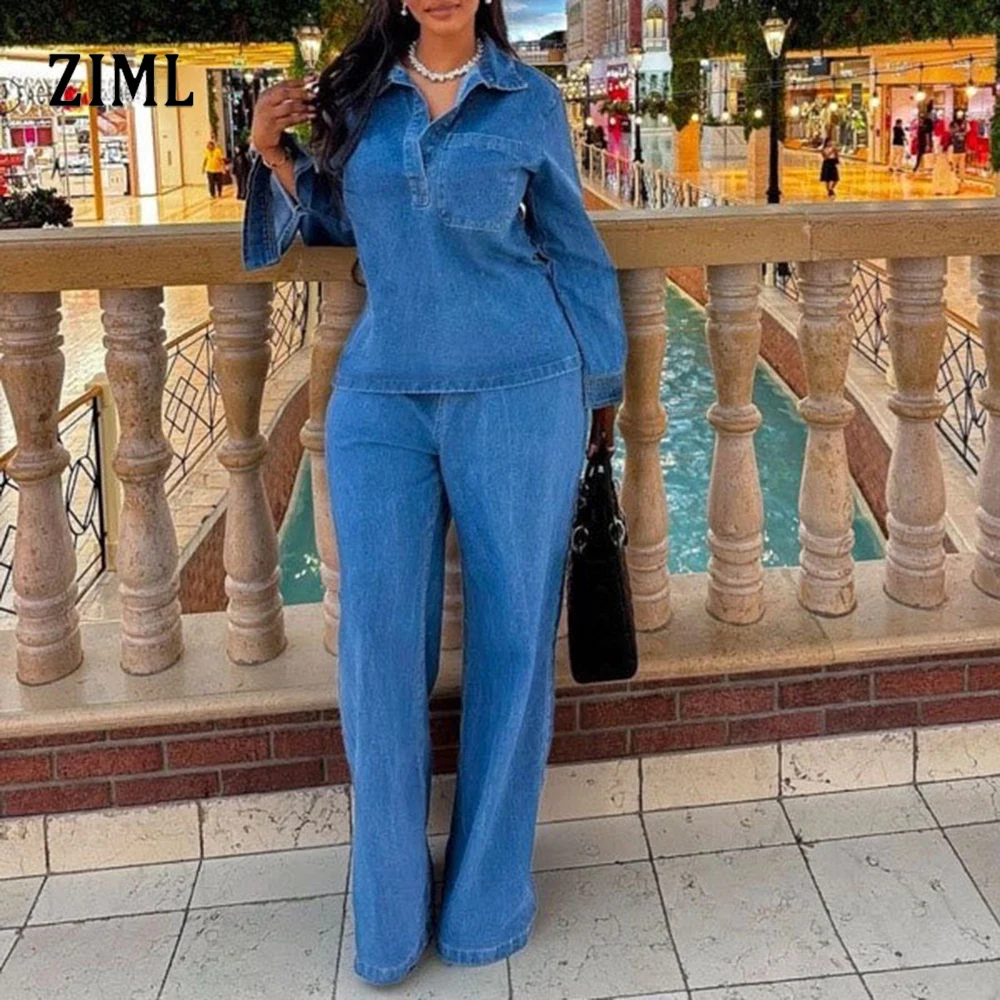 

ZIML повседневные однотонные джинсовые комплекты из двух предметов для женщин, топ с длинными рукавами и лацканами, брюки с высокой талией, темпераментный комплект, женский модный стиль, новинка