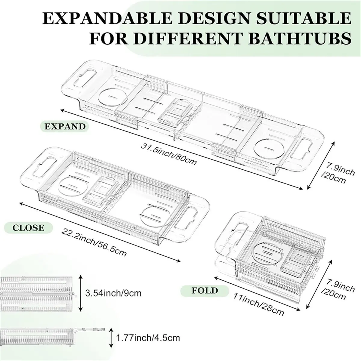 NEW Expandable Drain Bath Caddys Tray for Tub, Multifunctional Acrylic Bathtub Tray Bathroom Organizer, Imple Bathtub Table