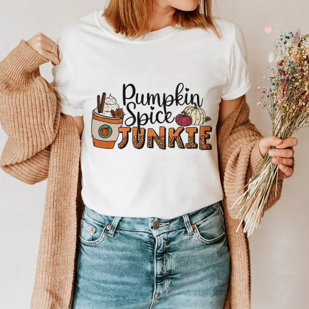 

Retro T-Shirt Autumn Top Women's Fashion Style Women's Coffee Pumpkin Print 90s Short Sleeved O-Neck T-Shirt Women's Pattern T-S