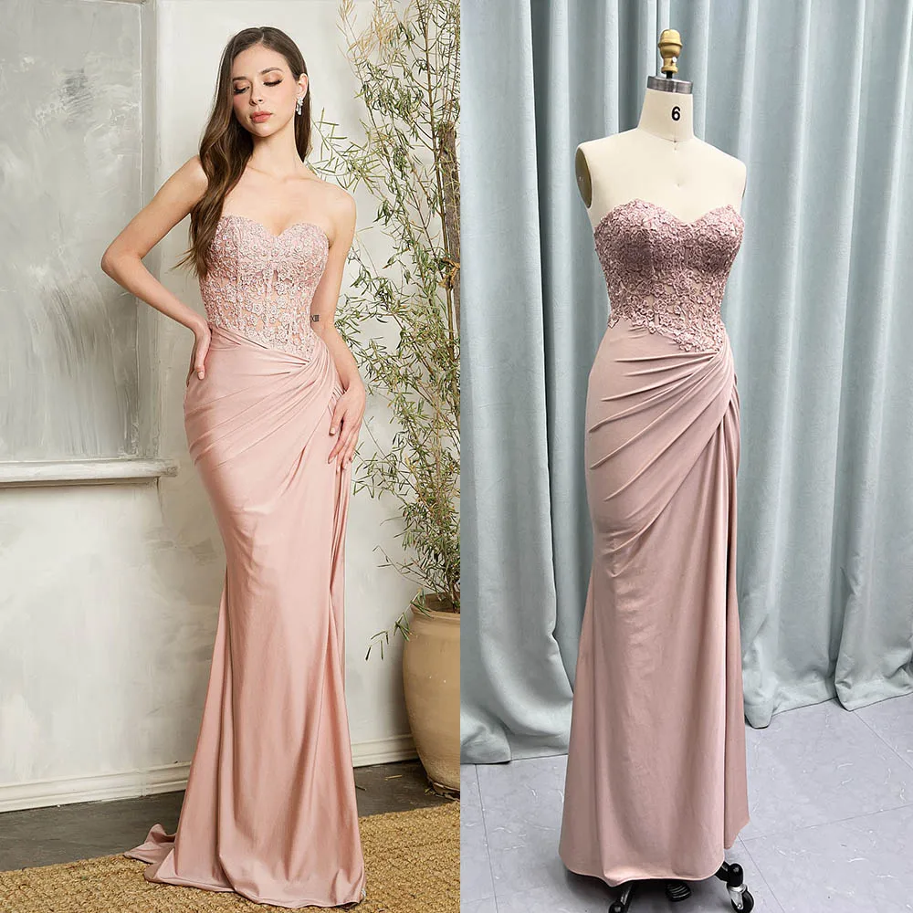 YQLNNE Sexy Pink High Slit Long Prom Dresses Strapless Embroidered Mermaid Dress with Ruched Side