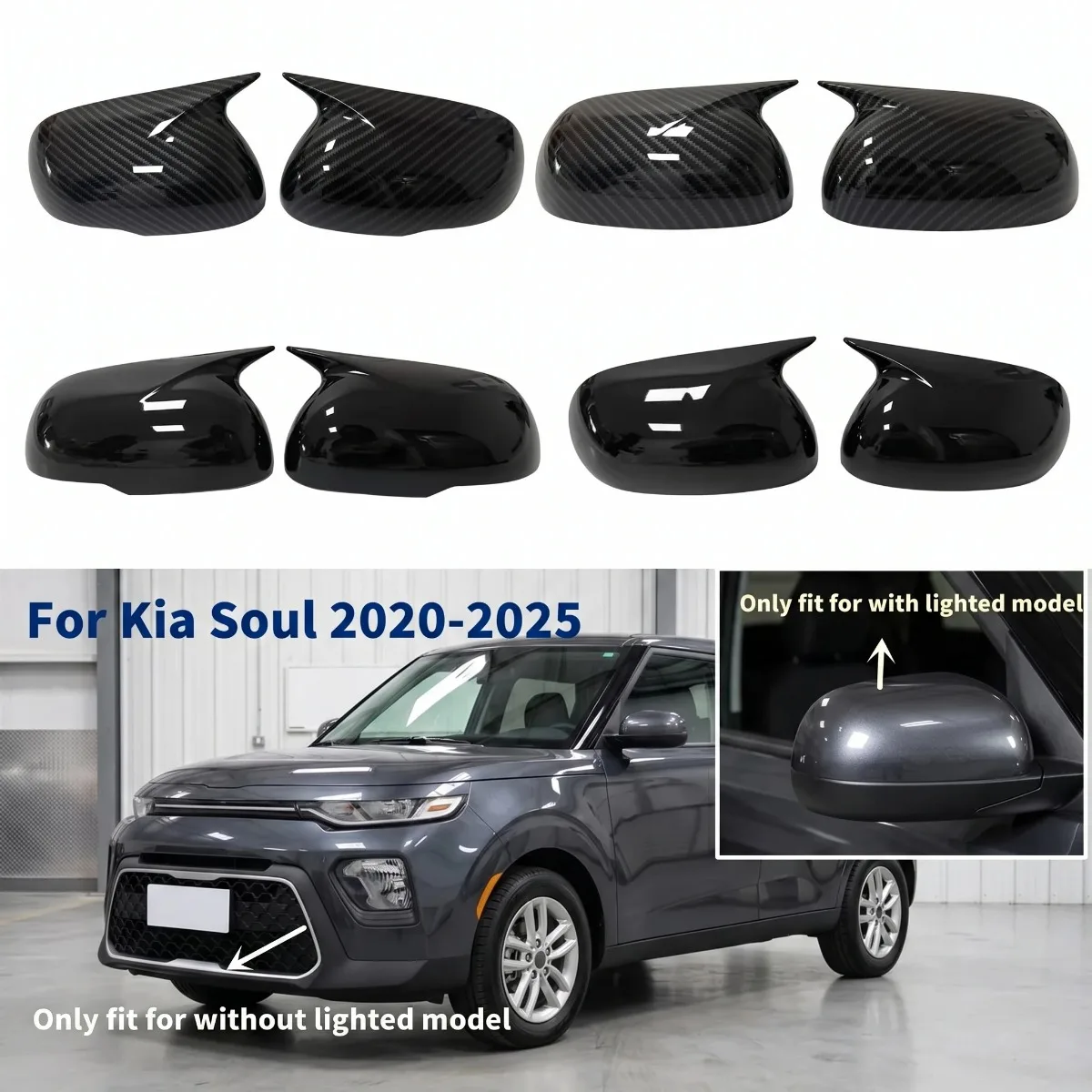 For Kia Soul 2019-2025 Pair Glossy Black / Carbon Fiber Rearview Wing Mirror Covers Caps Door Mirror Case Cover Exterior Parts