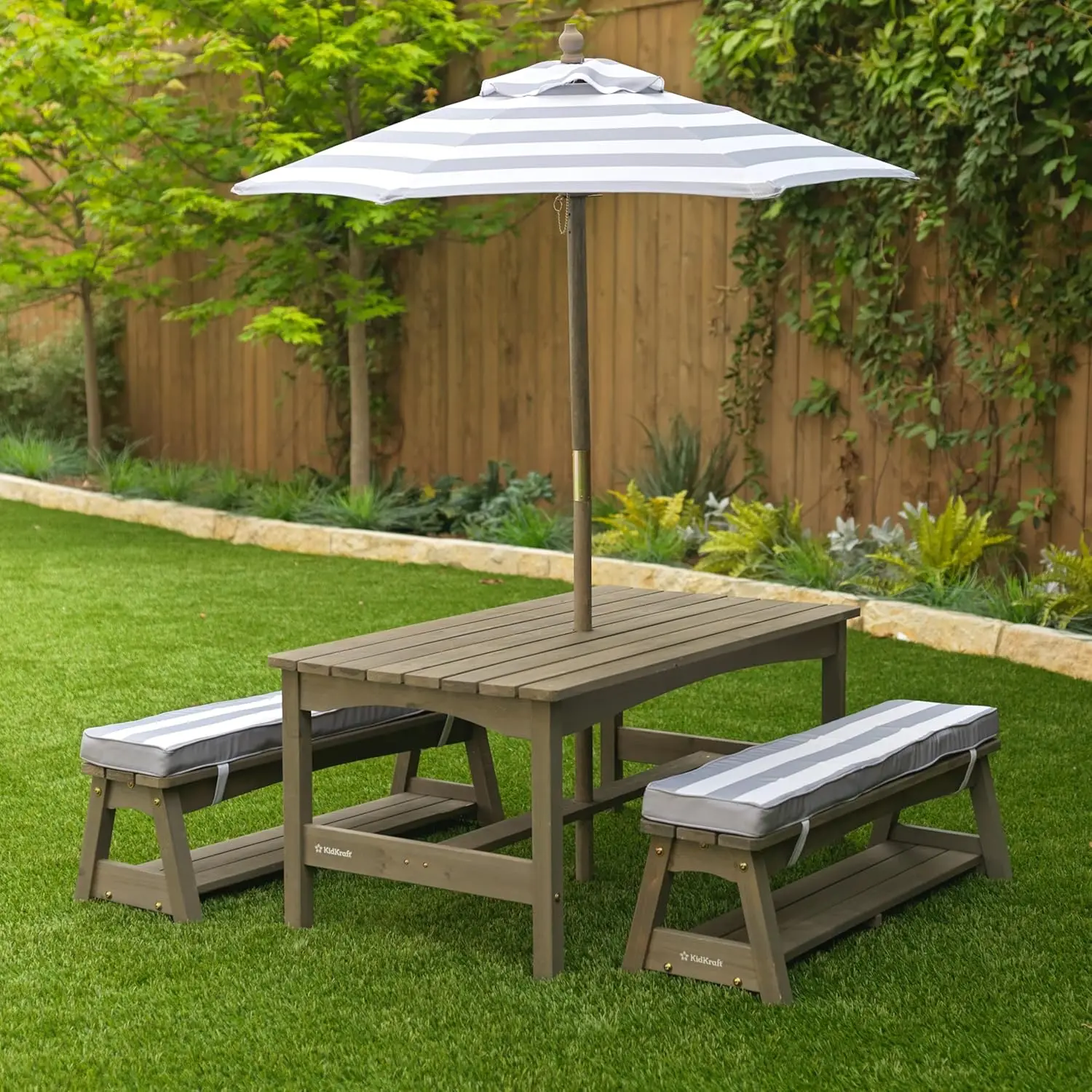 

Outdoor Wooden Table & Bench Set with Cushions and Umbrella, Kids Backyard Furniture, Gray and White Stripes