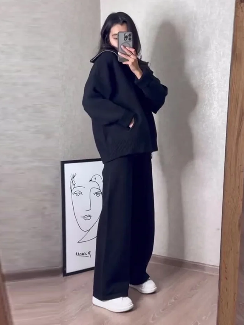 Streetwear Gestrickte 2-teilige Sets Frauen Outfit Herbst Kleidung Frauen Zipper Pullover Top und Hose Sets Lässige Trainingsanzüge Frau Sets