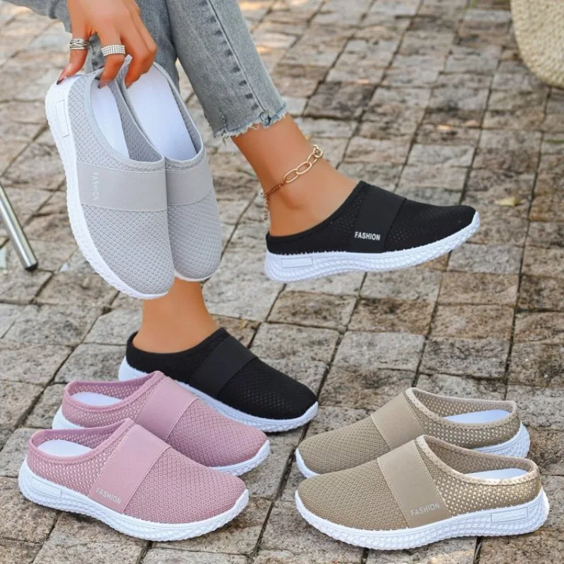 

Womens Casual Backless Sneakers Breathable Mesh Slip on Mules Flat Walking Shoes Comfort Summer Beach Daily Footwear for Ladies