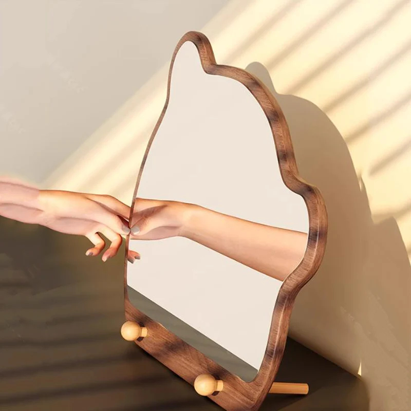 Makeup Wooden Mirror Cute Funky Asymmetrical Aesthetic Cosmetics Dressing Table Mirror Dressing Bedroom Espelhos Home Products