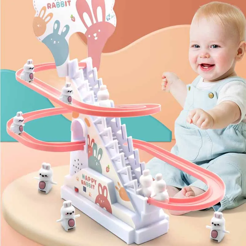 Creative Cute Bunny Automatic Climbing Stairs Toy Kids Electric Track Educational Toys White Rabbit Slide Toys Funny Gifts