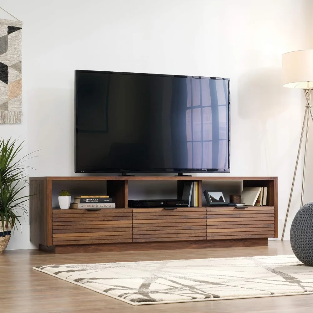 

The TV stand is suitable for TVs below 70 inches, and the living room and furniture are made of large walnut wood