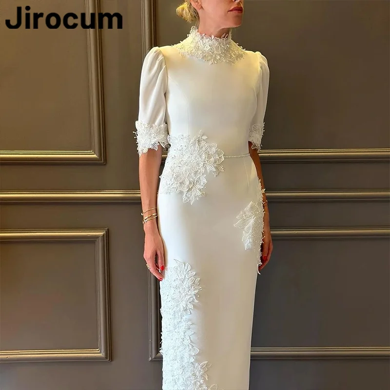 Jirocum Lace Appliqué Halve mouw prom jurken hoge hals parel avondjurk enkel lengte bruiloft formele gelegenheid jurk aangepast