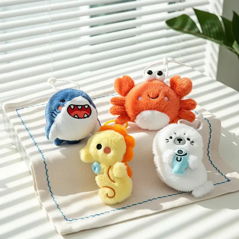 Ocean Animal Plush Keychain Shark Crab Seahorse Seal Mini Fluffy Doll Pendant Bag Hanging Ornament Key Car Decor Kid Gift