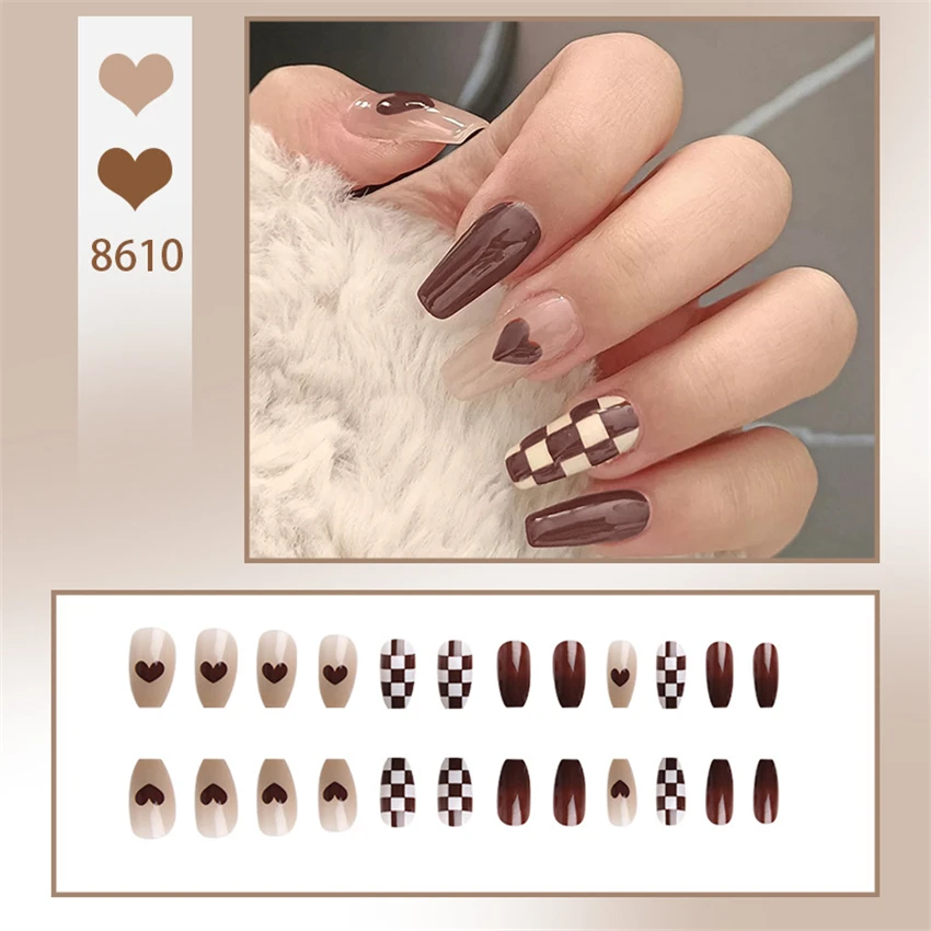 

24Pcs/Set Qiaoqia Chess Checker Press on Nails Art Medium French Stick Wearing False Nails Removable Artificial Fake Nails Tips