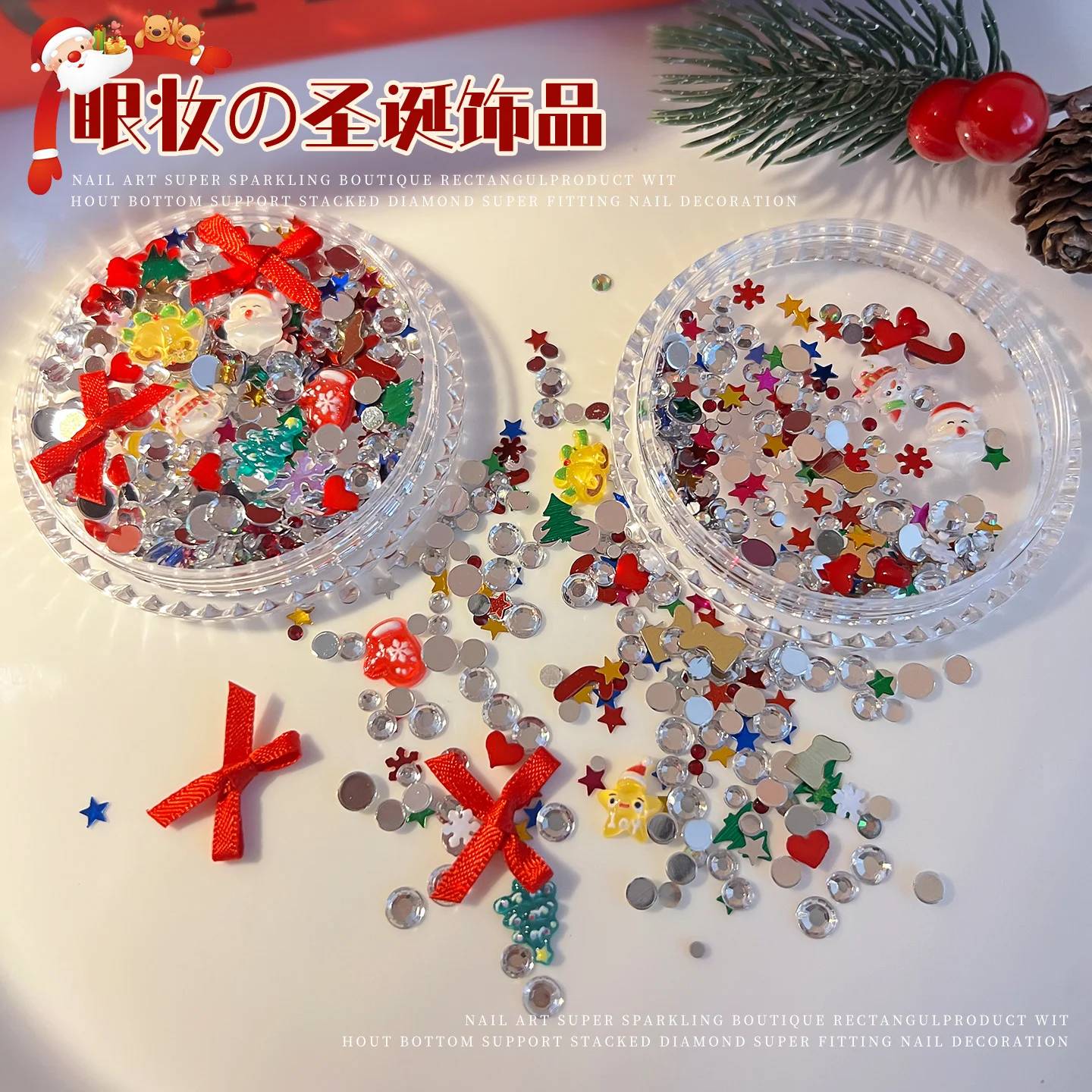 1 doos Mix Kerst Vibe 3D Steentjes voor Nagels Decoratieve Rode Lint-Strikken Sterren Sneeuw Vlokken Diamanten DIY Kerst Decoratie