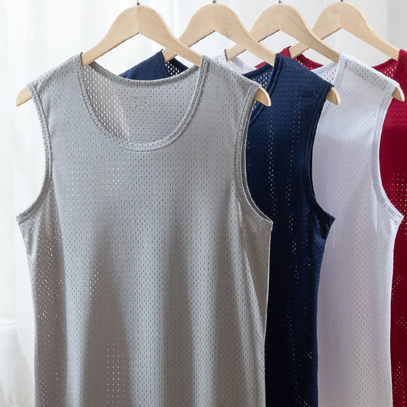 Men Mesh Tank Top Hole Sleeveless T Shirts Ice Silk Vest Quick-Drying Men Tops Casual Summer Breathable Sport Thin Outer Wear