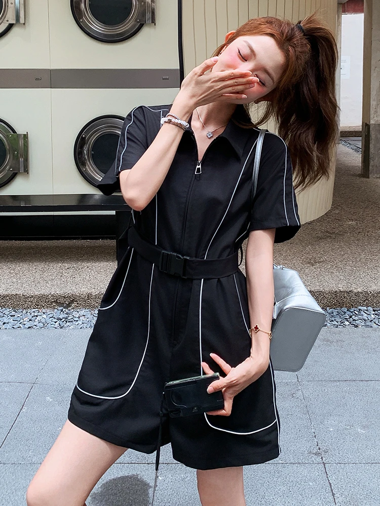 

Модный черный летний повседневный костюм-двойка для женщин: укороченные брюки с широкими штанинами и высокой талией на молнии