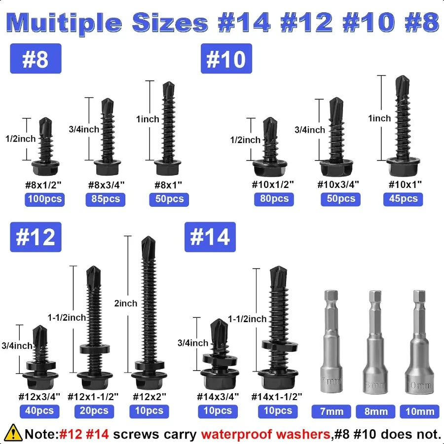 500Pcs Hex Washer Head SelfDrilling Screws 8101214 Self Tapping Screws Assortment Kit Black Oxide 410 Stainl Steel Sheet Metal