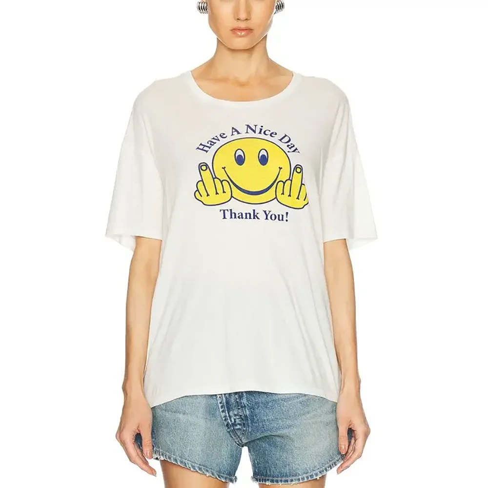 Cotton Blend Women's T-Shirt Y2k Fashion Printed Simple Commuter Hundred Short Sleeve Round Neck Tees Top 2025 Summer New