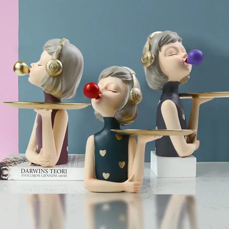 Resin Bubble Gum Girl Storage Ornaments Metal Tray Home Decoration Desktop Character Statuette Crafts Organize Pallet