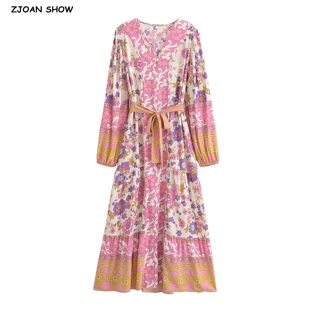 

2024 White Pink Flower Print Women BOHO Dress Bow Sashes Single-breasted Button Full Sleeve Maxi long Swing Robe Holiday Beach