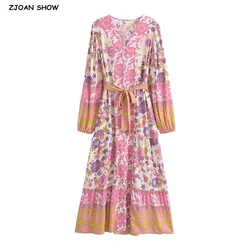 2024 White Pink Flower Print Women BOHO Dress Bow Sashes Single-breasted Button Full Sleeve Maxi long Swing Robe Holiday Beach