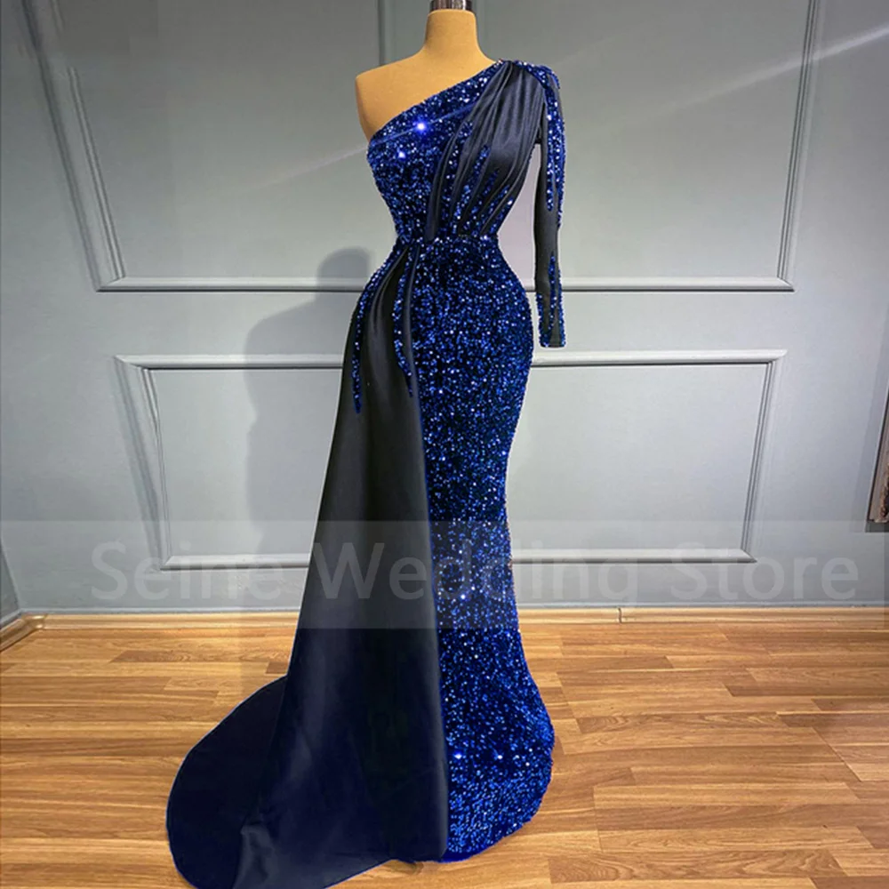 EOENKKY Glitter Evening Dresses 2022 Sequin One Shoulder Mermaid Evening Gowns Long Elegant Birthday Party Dress Robe De Soiree