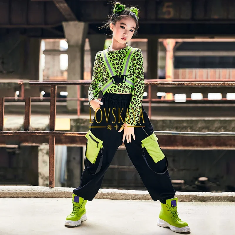 Street Dance Hip Hop Girls Green Leopard Tops Reflective Vest Hip-Hop Pants Jazz Performance Stage Costume