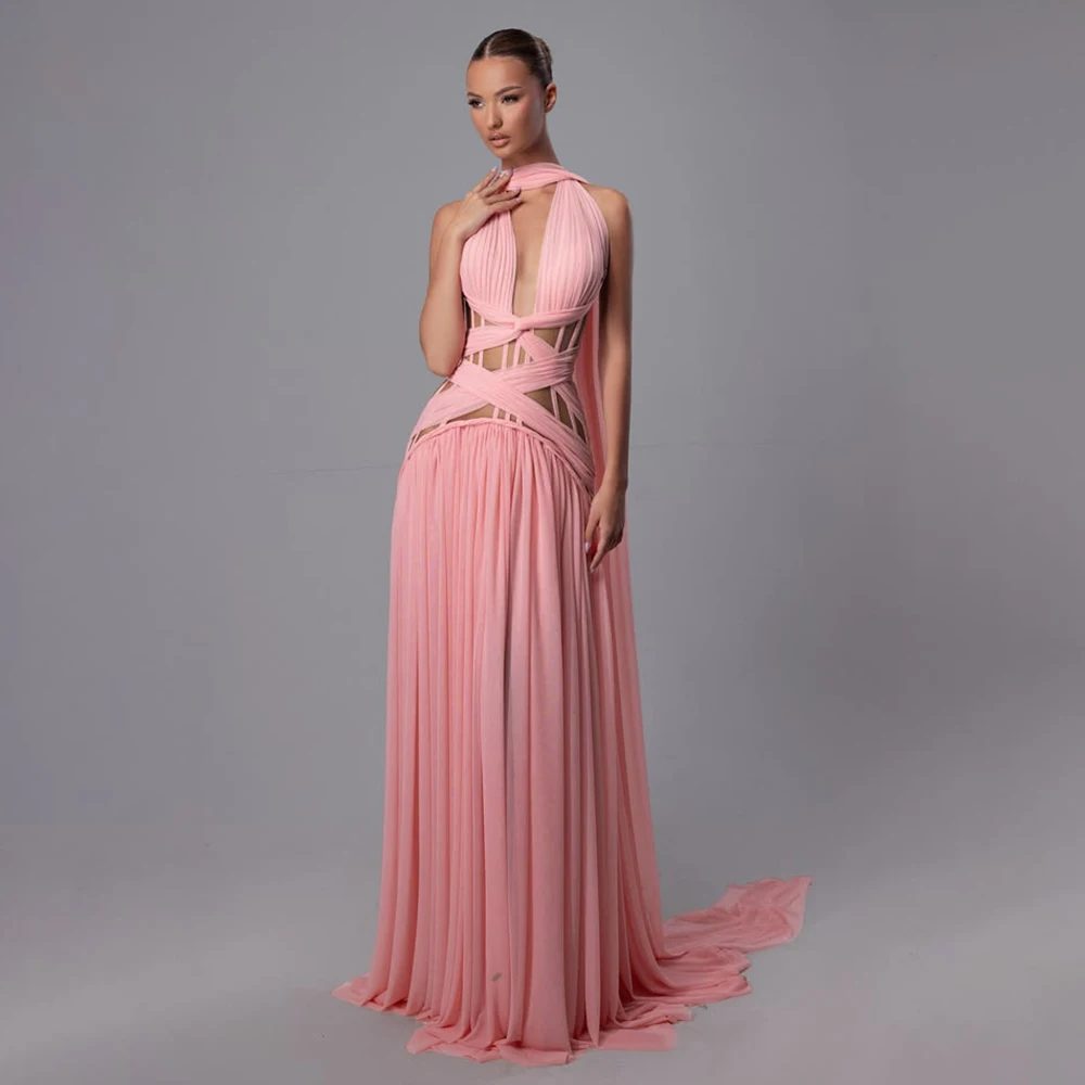 Sexy Summer Pink Party Evening Dresses 2026 Halter Sleeveless Pleat Chiffon Long Dress Special Sheer Cutout Waist Prom Gowns
