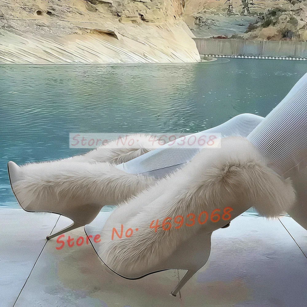 

Пуховые женские ботильоны с острым носком, новейшие белые плюшевые короткие ботинки на высоком каблуке-шпильке со шнуровкой, женская роскошная модная обувь без шнуровки