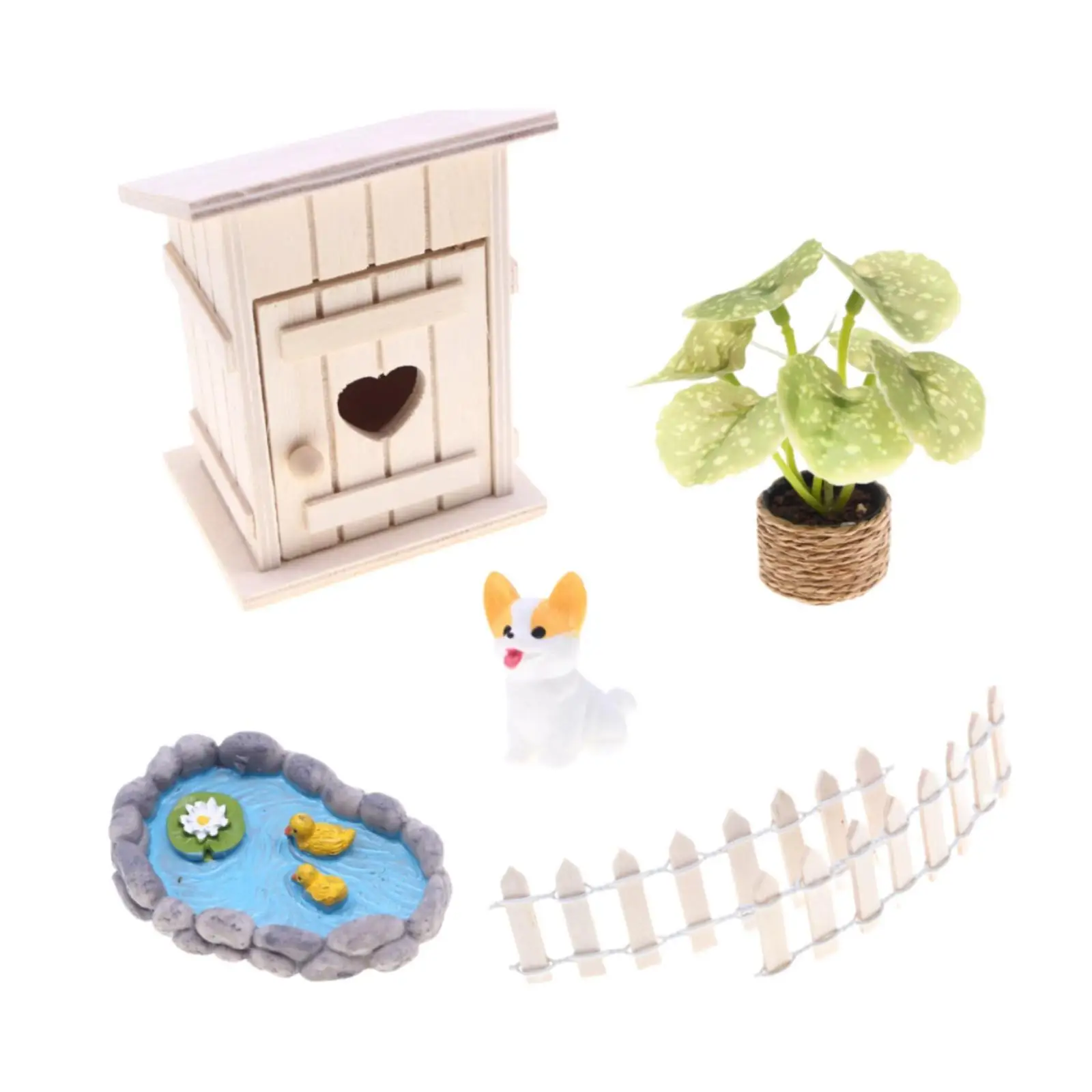 Mini Dollhouse Craft Multicolor Resin Swimming Pool Fence Dog Plant House Garden Figurine Set for Indoor Outdoor Decor