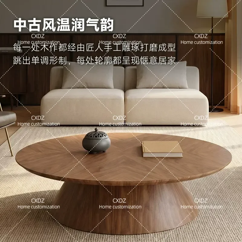 Medieval Style Walnut Solid Wood Coffee Table Oval Low Table for Living Room High End Household Furniture