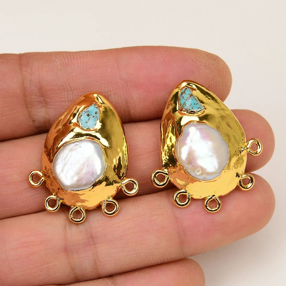 APDGG 2 Pairs Natural White Coin Pearl Blue Turquoise Gold Plated Earrings Stud Pearl Earrings  Making DIY Craft Accessories