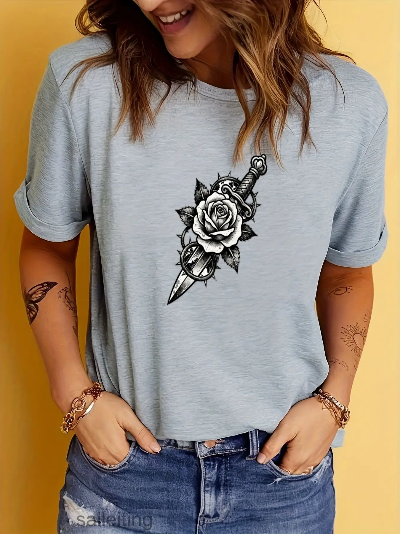 Dagger Rose Tattoo Style Graphic Tee Men Women Short Sleeve T-Shirt Black Print on White Distressed Jeans Casual Summer Breat