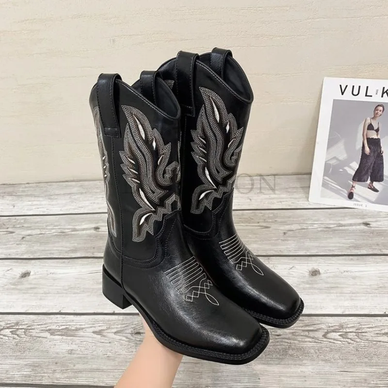 Women Embroidered Sleeves Motorcycle Knight Boots Western Cowboy V-Mouth Middle Sleeve Square Head Thick Heel Horse Boots