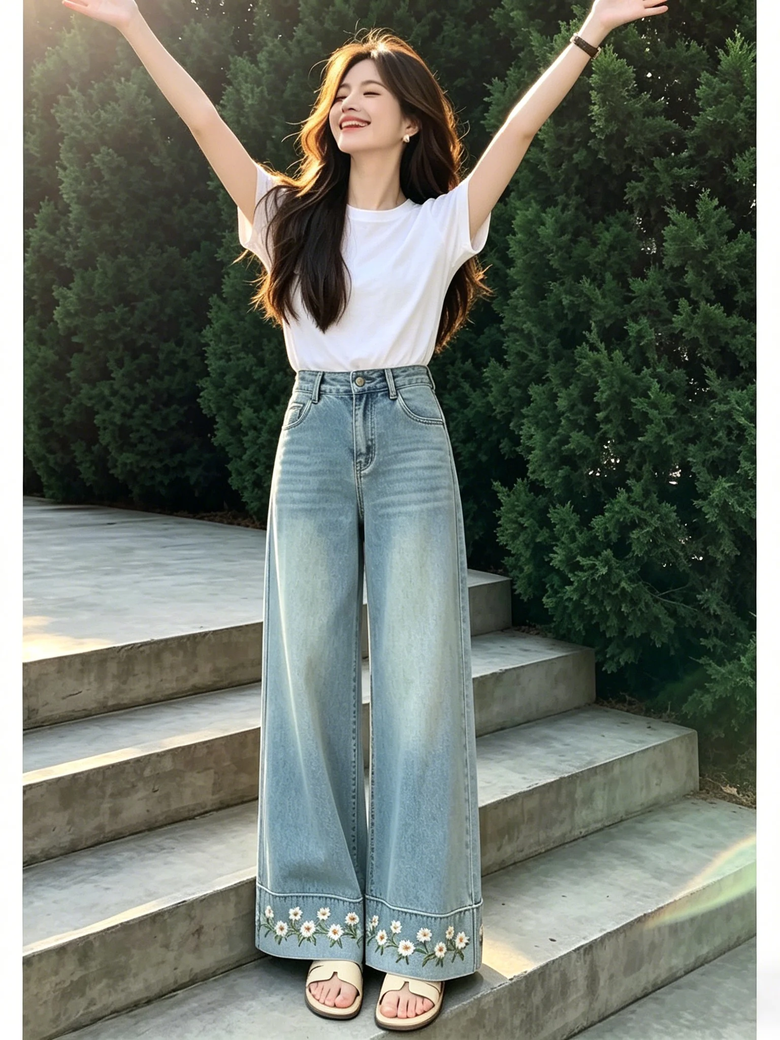 Light Blue Lace Embroidered High Waist Wide Leg Jeans Women's Fashionable Slimming Summer New Style Denim Pants