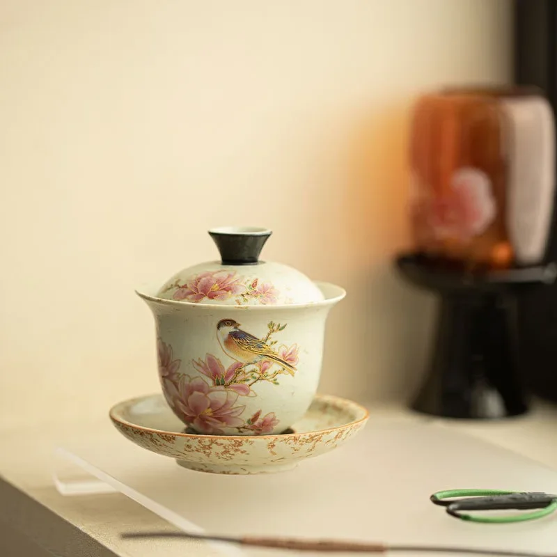Jingdezhen Blue and White Flint Red Magnolia Three Talent Cover Bowl Tea Bowl Ceramic TeaSet Exquisite Kung Fu Stuffy Tea Bowl