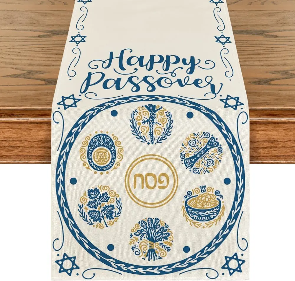 Happy Passover Linen Table Runners Kitchen Table Decor Seder Plate Pesach Matzoh Star of David Jewish Party Decorations